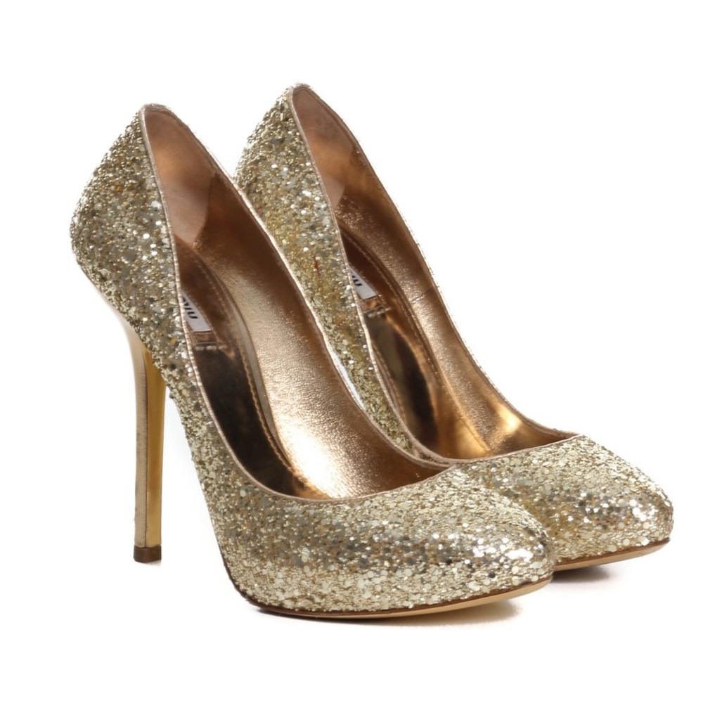 Miu Miu Gold Glitter Metallic Stiletto Pumps 39